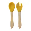 Conjunto de alimentação com garfo e colher de cabo de madeira para bebês, conjunto de garfo e colher de cabo de madeira para crianças, conjunto de colher de silicone, garfo e colher para alimentos complementares para bebês