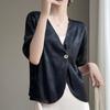 Camisa de Satén Acetato con Cuello en V y Manga Corta para Mujer, Nicho Chic, Manga Farol, Un Botón, Top Casual, Cárdigan, Abrigo para Mujer