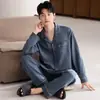 Pijama 100% algodão para homens, roupa de casa de algodão com mangas compridas para primavera e outono, tamanho grande, conjunto simples de cardigã para homens de meia-idade e jovens