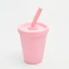 Taza de silicona con pajita para niños, a prueba de fugas, resistente a caídas, para beber para niños pequeños con tapa, taza de silicona de 280 ml, taza recta con pajita