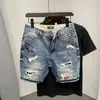 Shorts de Mezclilla para Hombre con Parches Desgastados Agujeros Bigotes de Gato Personalizados Pierna Recta Suelta Marca de Moda ins Talla Grande Bermudas