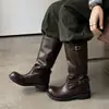 Versão em pele de ovelha fivela ajustável botas de equitação 2026 outono/inverno salto baixo grosso bico redondo couro genuíno cano alto botas longas para mulheres tamanho 42