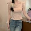 Foto Real Camiseta de Manga Curta Algodão de Bambu 170g Verão 2024 Estilo Coreano Feminina Cor Pura Slim Ombro Reto Top Decote U Curto