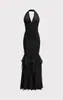 Vestido longo sexy europeu e americano de alça halter com decote em V profundo, sem costas, acinturado, com babado tridimensional e cauda de peixe, para festa e noite