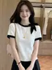 Camiseta de punto de manga corta con bloques de color estilo coreano y lazo para mujer, diseño de verano, top adelgazante y elegante para mujer 13340