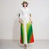 Vestido vintage plissado estilo francês com gola virada de outono, mangas sino, design floral tridimensional, gradiente arco-íris e barra plissada grande para mulheres
