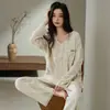 Pijama 100% Algodão Tecido de Algodão Macio e Confortável Tamanho Grande Solto Roupa de Casa Pode Ser Usada Fora Outono Feminino
