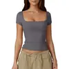 Amazon Transfronteiriço Europeu e Americano Top Feminino Slim-fit Emagrecedor Ombligo Cor Sólida Gola Quadrada Camisa Base Manga Curta Suave Gola Quadrada