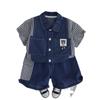 Fabricantes de trajes de manga corta para niños transfronterizos, venta al por mayor, nuevo conjunto de dos piezas de solapa de mezclilla fina con costuras para bebés de verano para hombres