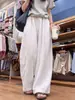 Pantalones blancos de lino de pierna ancha para mujer, estilo fino de verano, para petite y tallas grandes, casuales y relajados, pantalones cropped curvos de algodón-lino estilo japonés