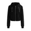 Sudadera con capucha corta estilo retro casual de calle Chaqueta Otoño Nuevo Estilo Botones Decorativos Plisados Cremallera Color Sólido Cárdigan