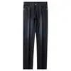 Estação europeia verão fino preto azul banho de gelo lama amigável à pele respirável macio anti-rugas negócios reto solto jeans masculino