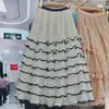 Estilo Novo Outono e Inverno Saia de Renda com Borda de Orelha Feminina de Comprimento Médio Cintura Alta Linha A Saia Boluda de Camadas Meia Saia