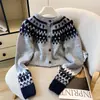 Cardigan de malha curto estilo Fair Isle retrô nórdico para mulheres, adequado para usar por dentro ou por fora, top casual e que afina a silhueta