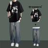 Camiseta de Manga Corta para Hombre Traje de Moda de Verano Set de Top para Niños Jeans a Juego Conjunto de Dos Piezas a la Moda