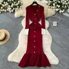Vestido de Punto Francés Retro de Gama Alta con Cuello en V, Hebilla Metálica, Color de Contraste, Mangas Largas, Corte Adelgazante para Mujer, Falda Larga de Cola de Pez