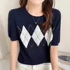 26 Item Quente de Verão 100% Algodão Tricô Gola Redonda Manga Curta Padrão Diamante Color Block Camiseta Estilo Coreano Top da Moda para Mulheres