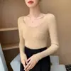 Suéter de cachemira pura premium sin costuras para mujer, cuello en U, acanalado, corte ajustado, cuello redondo bajo, prenda base de punto