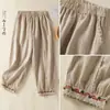 Pantalones Harem de Encaje Bordado Casual de 4 Colores Estilo Primavera 2026 Retro Artístico Pantalones Cortos de Algodón y Lino Talla Grande Sueltos Pantalones para Mujer