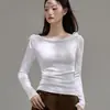 Camiseta de Manga Larga para Mujer, Estilo Suave con Hombros Descubiertos, Volantes en la Cintura, 260g Eco-Seda, para Otoño