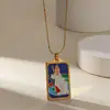 Collar Colgante Rectangular Retro Europeo y Americano de Acero Inoxidable Color Aceite Goteando Cadena para Suéter Estrella Luna Sol