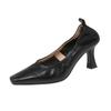 Zapatos de Trabajo Elegantes Básicos de Piel de Cabra Suave Gigante Tacones Altos 2024 Primavera Nuevo Estilo Tacón Punta Cuadrada Pequeña Cuero Genuino Flats de Boca Baja para Mujer