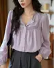 Camisa de Tencel y lino para mujer, color morado, con ribete de encaje, volantes y mangas tipo linterna, elegante top de trabajo estilo francés para otoño