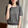 2026 Verão Novo Estilo Gola Redonda Recorte Tricô Malha Camiseta para Mulheres Solta Tamanho Grande Manga Curta Verão Feminino Top Fino