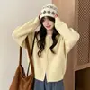 Cardigan com Zíper Waffle Feminino Curto Gola Redonda Solto Malha Macia Jaqueta Casual para o Trabalho Top Simples