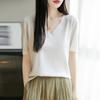 Suéter de Lana de Seda Peinada Color Sólido Combinable Base Suelto Elegante Casual Sencillo Cuello en V Tejido Camiseta de Manga Corta para Mujer