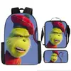 Monstruo de Pelo Verde Grinch Transfronterizo Nueva Mochila Escolar Mochila de Dibujos Animados Set de Tres Piezas Bolso Estuche para Lápices