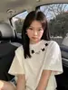 Chica regordeta Estampado de Gato Blanco Hombro talla extra Manga corta Camiseta Mujer Algodón Puro Verano Diseño Holgado Top de Nicho