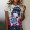 Camiseta Feminina 2024 Estampa de Personagem de Desenho Animado Harajuku Retrô Manga Curta Gola Redonda Top Divertido Roupa Feminina Tamanho Europeu
