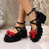 Zapatos de Cuero Gruesos con Hebilla Estilo Británico Tacón Grueso Talla Grande 2025 Verano Nuevos Zapatos Mary Jane de Cuero con Lazo Francés