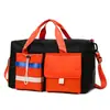 Nueva bolsa de fitness de color de contraste con doble bolsillo, bolsa de equipaje portátil con separación de húmedo y seco, bolsa de almacenamiento de gran capacidad para viajes, logotipo imprimible