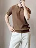 Nueva camiseta de punto de manga corta de verano para hombre, camiseta POLO de seda helada, cuello camisero, cuello en V, camiseta de negocios ajustada, venta al por mayor transfronteriza