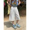 Pantalones cortos de pierna ancha holgados de cintura alta retro americanos nuevos de verano, jeans rectos blancos versátiles y fluidos para mujer