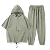 Traje Pantalón de Nueve Puntos Marca de Moda Traje de Dos Piezas Holgado Deportivo de Manga Corta Traje Casual Juvenil de Primavera Algodón Gris