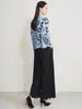 Tejido de punto plisado floral de manga larga para mujer 2025 Nuevo Otoño Ropa de trabajo Elegante Camiseta interior Top corto de cuello redondo