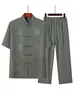 Traje Tang de seda helada de manga corta fino para hombres de mediana edad y mayores, atuendo casual de Tai Chi para papás, traje estilo chino del abuelo