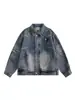 Chaqueta de mezclilla vintage estilo americano deconstruida y lavada en 3D para hombres y mujeres, chaqueta azul holgada retro de alta costura para primavera y otoño