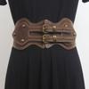Cinturón ancho marrón falda decorativa retro doble hebilla de moda sello de cintura elástico abrigo largo estilo túnica mongola de alta calidad para mujer