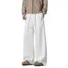 Pantalones de Chándal Blancos de Pierna Ancha con Cordón, Tejido de Punto de Color Sólido, Corte Holgado, Caída Suelta, Color Puro, Moda Urbana, Pantalones Largos Casuales para Hombre