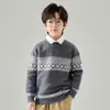 Suéter Infantil de Lã Pura para Meninos Jacquard Geométrico Retrô Fair Isle Outono Inverno Pulôver de Tricô para Meninas