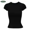 Camiseta feminina de verão de manga curta com design de ombro reto, acinturada e modeladora, corte sereia estilo coreano, caimento justo, top curto sexy, moda transfronteiriça