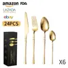 Nuevo Juego de Cubiertos de Acero Inoxidable Amazon Transfronterizo Cuchillo, Tenedor y Cuchara Set de 24 Piezas para 6 Personas Cubiertos Occidentales Cuchillo para Bistec, Tenedor y Cuchara