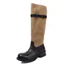 Botas vaqueras de mujer de piel de vaca de capa superior + ante de vaca, botas altas de invierno de cuero genuino con punta redonda y tacón medio desgastadas