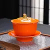 Set de Regalo Estilo Chino: Juego de Té Kung Fu con Temática de Caqui con Tetera y Gaiwan, Juego de Caja de Regalo Cerámica para el Hogar