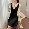 Vestido de Tricô Color Block Estilo Novo de Início de Primavera Coreano, Elegante e Emagrecedor, Usado com um Casaco como Suéter Base