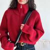 Suéter Pulôver Feminino Casual Curto da Moda com Gola Alta e Meio Zíper Cor Sólida Cintura Alta